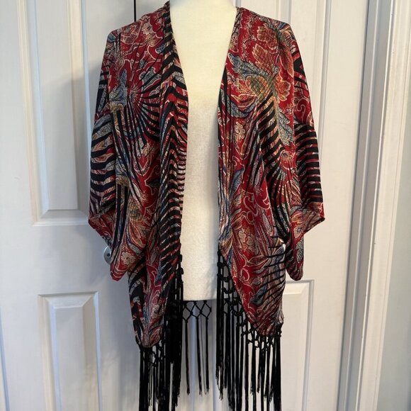 Joseph Ribkoff Silk Deco Kimono Women’s Size 10 M/L Fringe Festival Artsy Boho - Picture 1 of 14